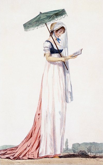 Vestido elegante de verano con parasol, 1770 (grabado en color) de English School