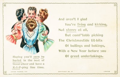 Damas prodigando afecto a caballero, tarjeta de Navidad y Año Nuevo de English School