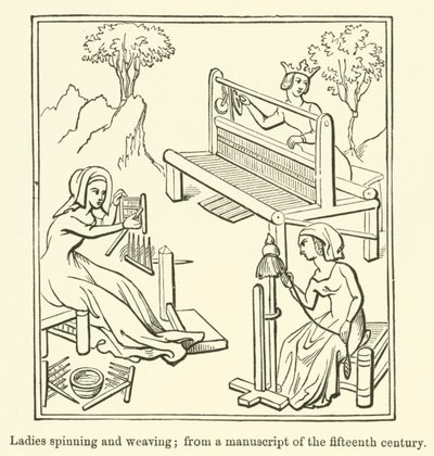 Damas hilando y tejiendo, de un manuscrito del siglo XV de English School