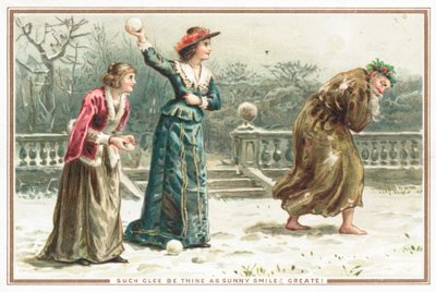 Señoras lanzando bolas de nieve a un anciano, Tarjeta de Navidad de English School