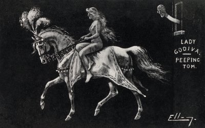 Lady Godiva cabalgando desnuda a caballo por las calles de Coventry, observada por un Peeping Tom (litografía) de English School
