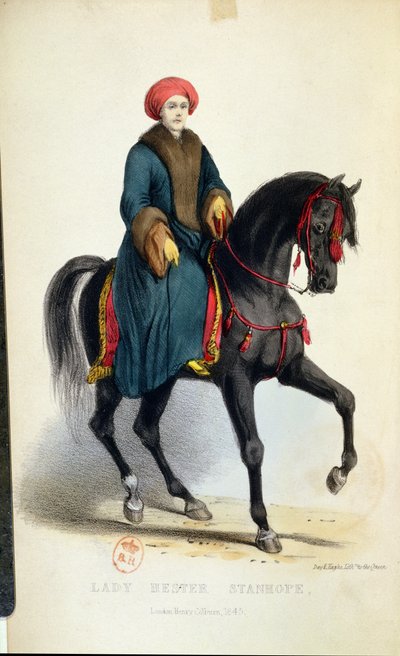 Lady Hester Lucy Stanhope (1776-1839) con vestido árabe, ilustración de sus Memorias, Londres, 1845 de English School