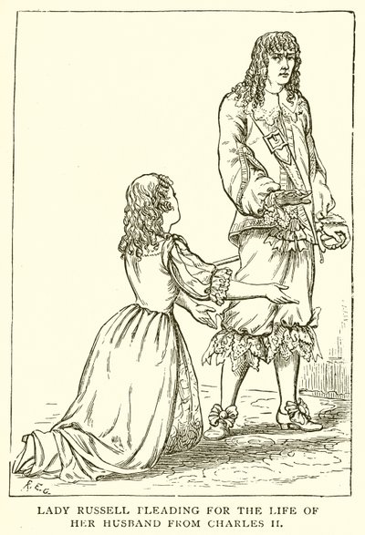Lady Russell suplicando por la vida de su esposo a Carlos II de English School