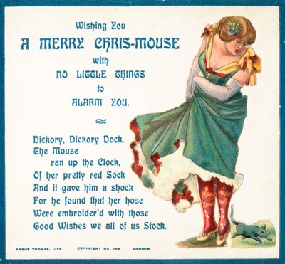 Dama alarmada por un ratón, tarjeta de Navidad de English School