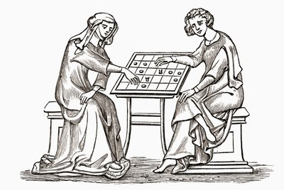Dama y joven jugando a las damas, o al ajedrez, a principios del siglo XIV, de 