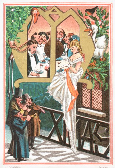 Dama siendo serenada por músicos, Tarjeta de Navidad de English School