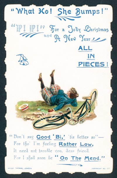 Dama cayendo de la bicicleta, tarjeta de Navidad de English School