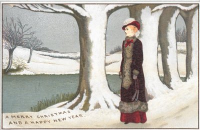 Dama de pie junto al lago, tarjeta de Navidad de English School