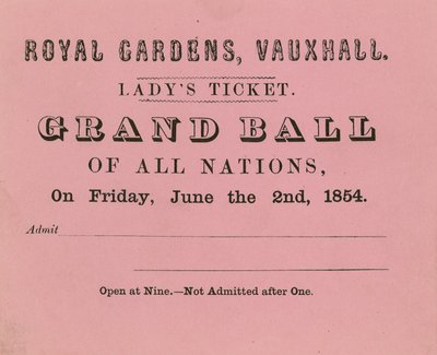Entrada de dama, Vauxhall Gardens, Londres, para el 2 de junio de 1854 de English School