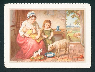 Cordero bebiendo leche en la cocina, tarjeta de Navidad de English School