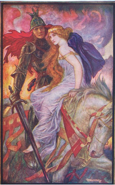 Lancelot se lleva a Guenevere, ilustración de "The Book of Romance" publicado por Longmans Green and Co. de English School