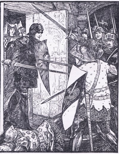 Lancelot sale de la habitación de Guenevere, ilustración de "The Book of Romance" publicado por Longmans Green and Co. de English School