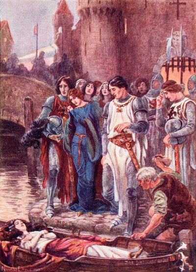 Lancelot mira a la difunta Dama de Shalott a su llegada a Camelot. Ilustración coloreada del libro The Gateway to Tennyson publicado en 1910. de English School