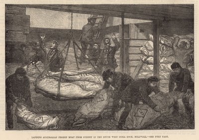 Descargando carne congelada australiana en el Muelle del Suroeste de India, Millwall de English School
