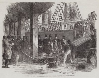 Descargando Oro del Barco de Vapor "El Australiano," en los Muelles de la India Oriental (grabado) de English School