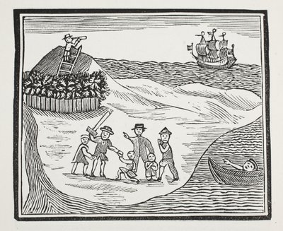 Desembarco de la tripulación amotinada en la isla, ilustración de Chap-books del siglo XVIII de John Ashton, pub. 1882 de English School