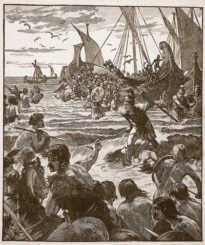 Desembarco de los romanos en la costa de Kent, ilustración de Cassells Illustrated History of England de English School