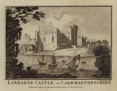 Castillo de Lanharne, en Caermarthenshire (grabado) de English School