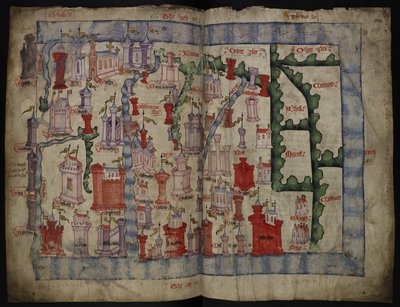 Lansdowne 204 ff.225v & 226 Mapa de Escocia por John Harding, c.1450 (tinta y témpera sobre pergamino) de English School