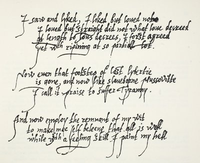 Últimos diez versos del soneto Astrophel de Sir Philip Sidney describiendo cómo gradualmente, y demasiado tarde, se dio cuenta de sus propios sentimientos hacia Stella de English School