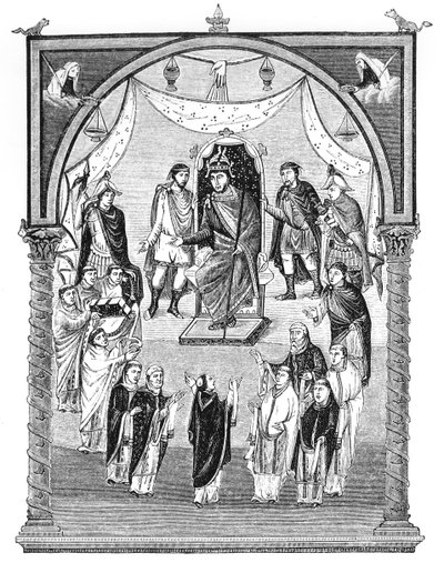 Carlos el Calvo, Rey de Francia (823-77) entronizado, encargado por el Abad Vivian del monasterio de San Martín en Tours, de la Primera Biblia de Carlos el Calvo, 843-51, ilustración de English School