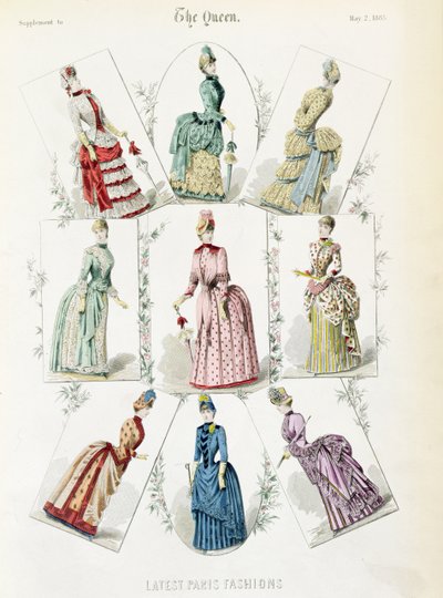 Últimas Modas de París, nueve vestidos de día en una lámina de moda de un suplemento de The Queen, mayo 1885 de English School