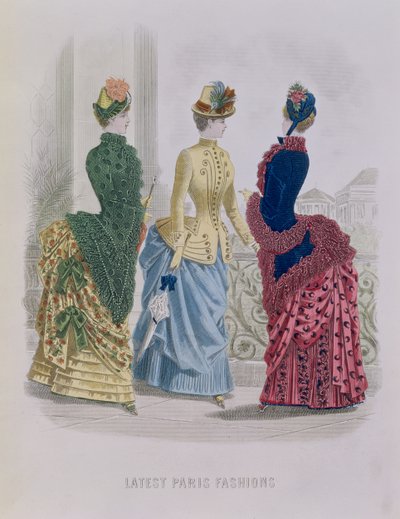 Últimas Modas de París, tres vestidos de día en una lámina de moda de The Queen, mayo 1885 de English School