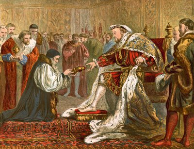 Latimer presentando la Biblia a Enrique VIII (grabado coloreado) de English School