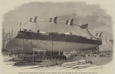 Lanzamiento del Affondatore, Fragata Acorazada de Cúpula, construida para el Rey de Italia en Millwall, 1865 de English School