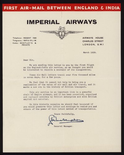 Lanzamiento del primer servicio de correo aéreo entre Inglaterra e India por Imperial Airways en marzo de 1929 de English School