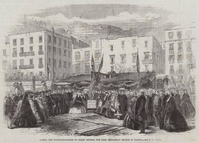 Colocación de la primera piedra de la Iglesia de Cristo, la primera iglesia protestante en Nápoles (grabado) de English School