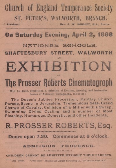 Folleto publicitario de una exposición del Cinematógrafo Prosser Roberts de English School