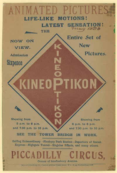 Folleto publicitario del Kineoptikon, Piccadilly Circus de English School