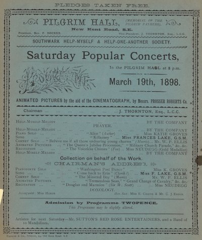 Folleto publicitario de los Conciertos Populares de los Sábados en el Pilgrim Hall de English School