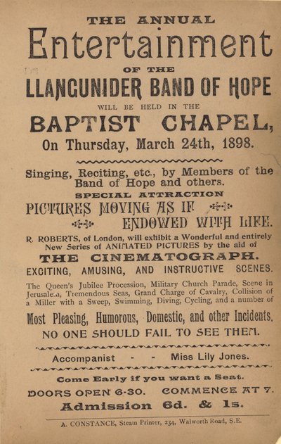Folleto publicitario del Entretenimiento anual de la Banda de Esperanza de Llangunider de English School