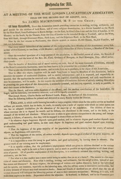 Folleto explicando una resolución de la Asociación Lancasteriana del Oeste de Londres para comenzar a proporcionar instrucción a los niños, agosto de 1813 de English School