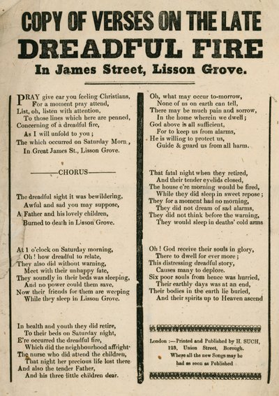 Folleto con verso relacionado con un incendio en James Street, Lisson Grove, Londres de English School