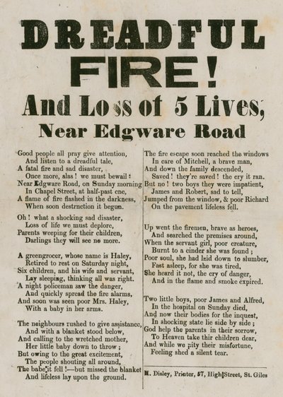 Folleto con verso relacionado con un incendio cerca de Edgware Road, Londres de English School