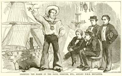 Aprendiendo los nombres de las velas, jarcias, etc., a bordo del H.M.S. Britannia de English School