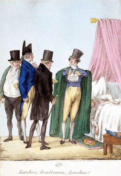 Sanguijuelas, señores, sanguijuelas: dibujo humorístico inglés sobre un médico seguro de sí mismo, con un enfermo de English School