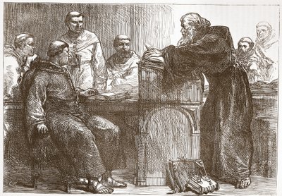 Lefevre dando una conferencia en la Sorbona, ilustración de La Historia del Protestantismo de James Aitken Wylie, pub. 1878 de English School