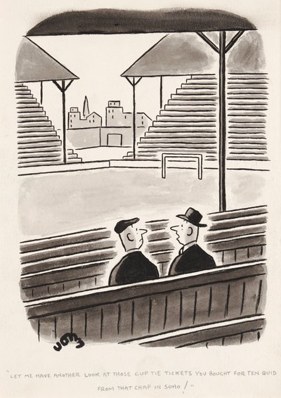 Déjame ver otra vez esos boletos de la Copa que compraste por diez libras de ese tipo en Soho, caricatura de John de English School