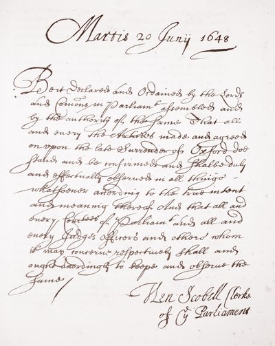 Carta de Henry Scobell, 20 de junio de 1648 de English School