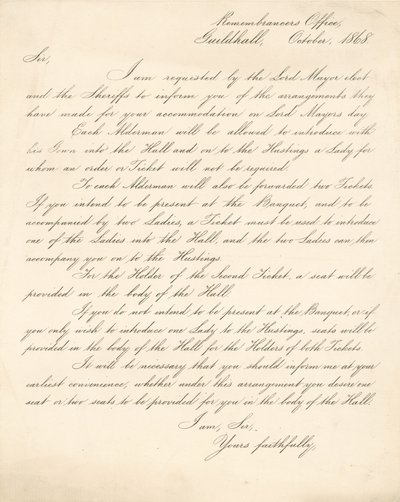 Carta detallando los arreglos para un banquete en el Guildhall, Londres, el 9 de noviembre de 1868 de English School