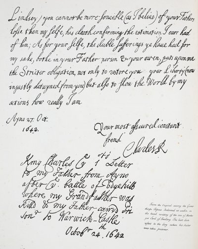 Carta de Carlos II a Montague, Conde de Lindsey, 27 de octubre de 1642 de English School