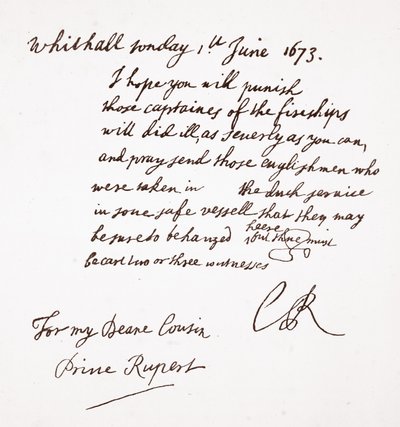 Carta de Carlos II al Príncipe Ruperto, 1 de junio de 1673 de English School