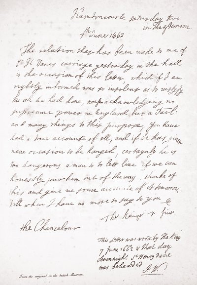 Carta de Carlos II al Canciller Lord Clarendon, 7 de junio de 1662 de English School
