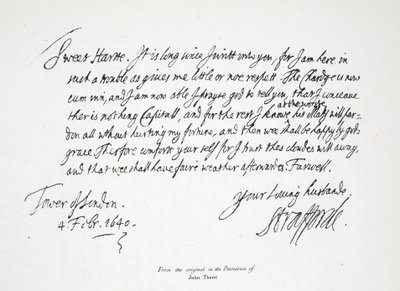 Carta de Lord Strafford a su esposa, desde la Torre de Londres, 4 de febrero de 1640 de English School