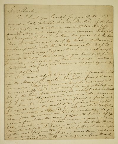 Carta de William Woodfall (1746-1803) al actor John Quick (1748-1831) sobre las críticas favorables de John Henderson en el Haymarket de English School