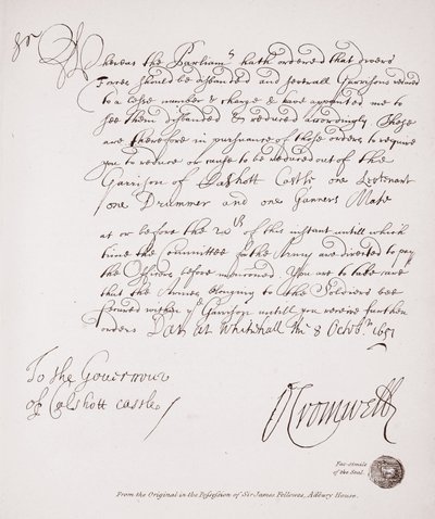 Carta al Gobernador del Castillo de Calshott de Oliver Cromwell, 1651, facsímil del original en posesión de Sir James Fellowes, Adbury House de English School